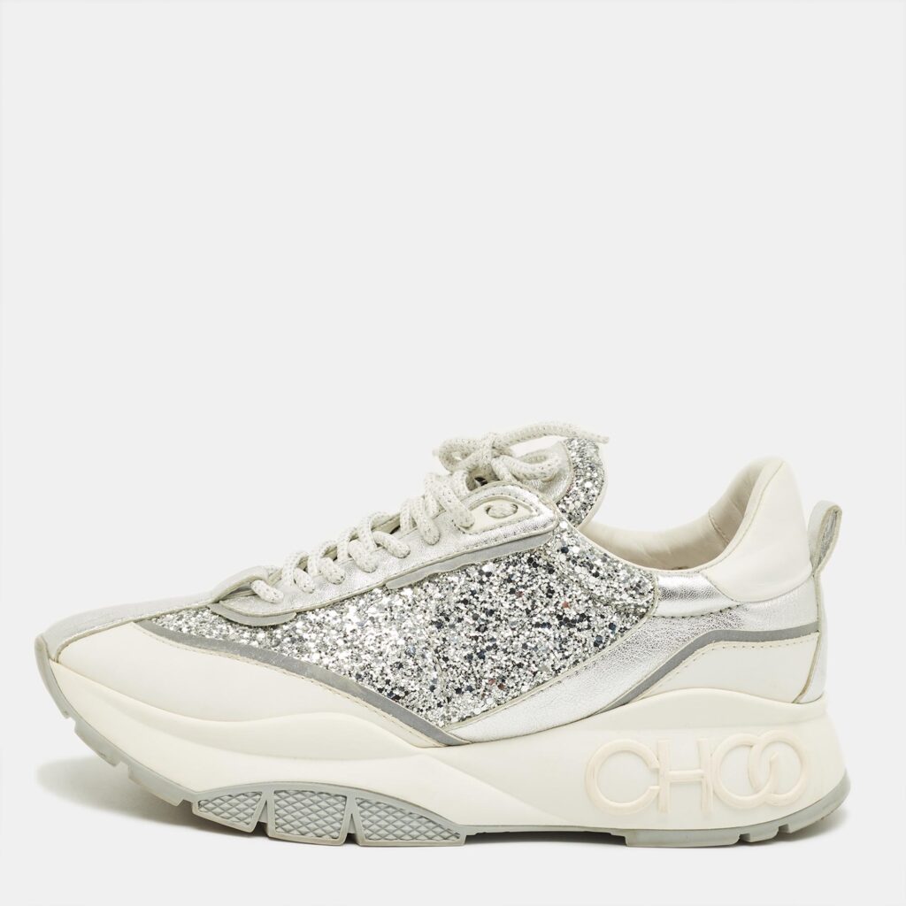 Jimmy Choo Silver Glitter and Leather Raine Lace Up Sneakers Size 41 Jimmy Choo Silver Glitter and Leather Raine Lace Up Sneakers Size 41