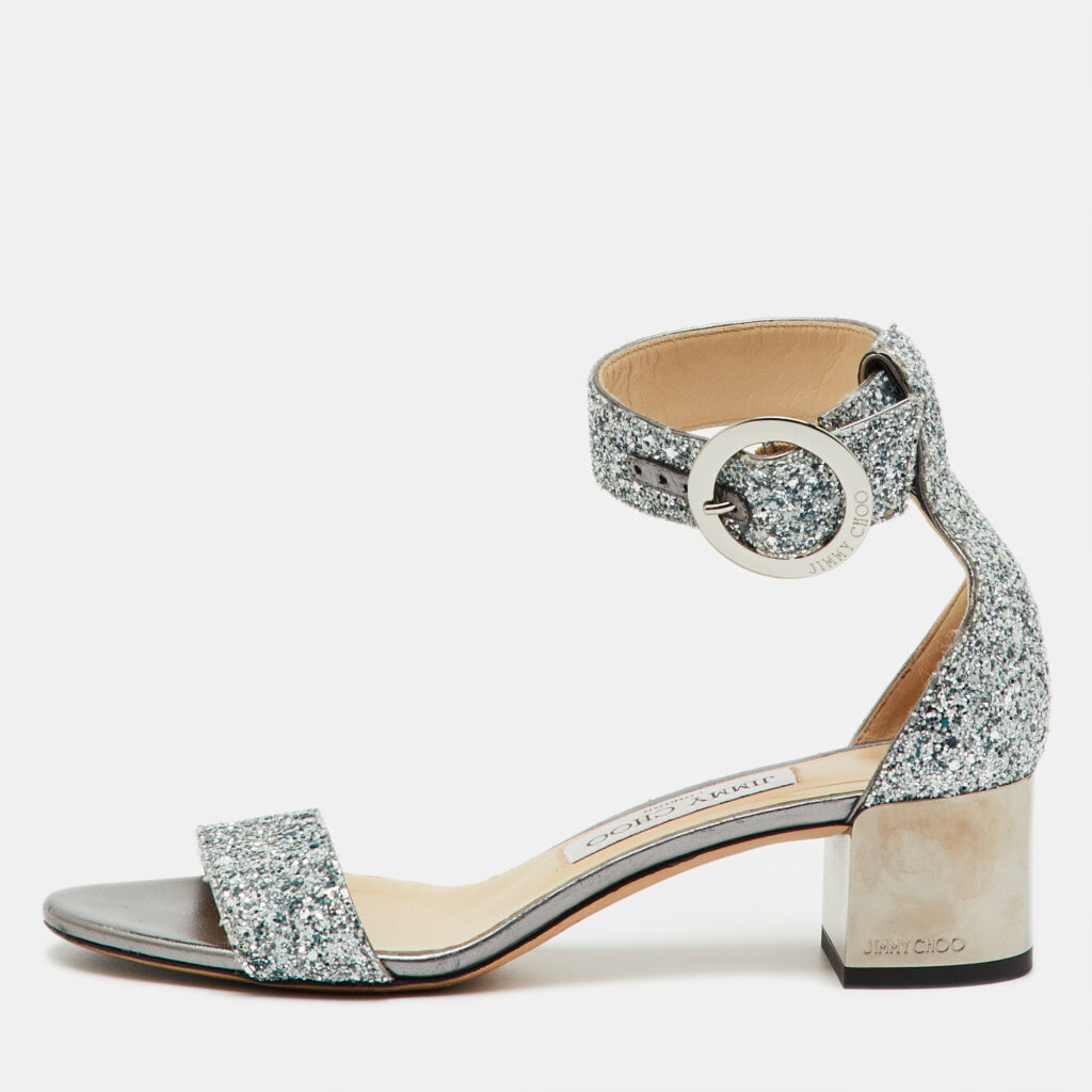Jimmy Choo Metallic Silver Glitter Bitter Ankle Strap Sandals Size 36