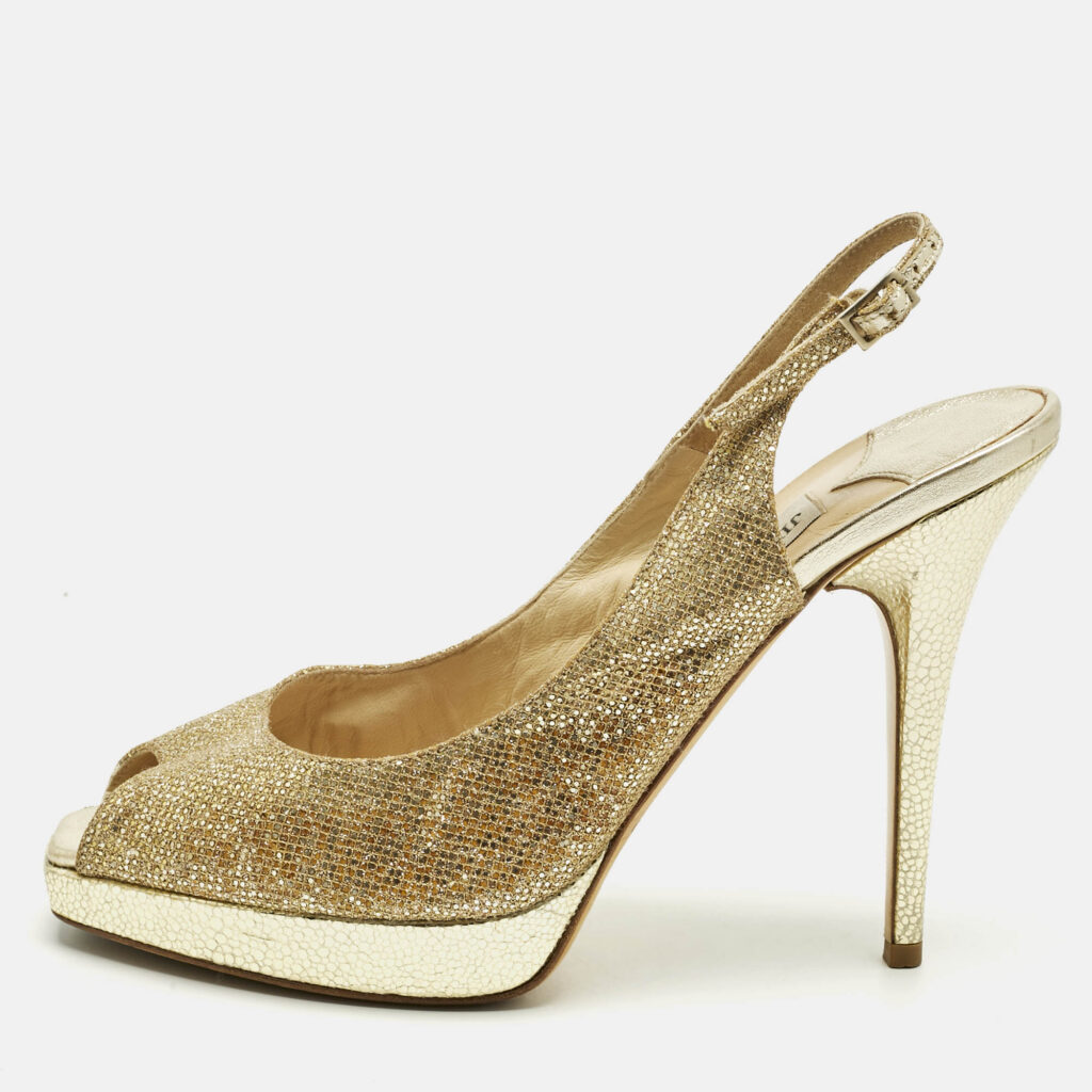 Jimmy Choo Gold Glitter Verity Peep Toe Slingback Pumps Size 40 Jimmy Choo Gold Glitter Verity Peep Toe Slingback Pumps Size 40
