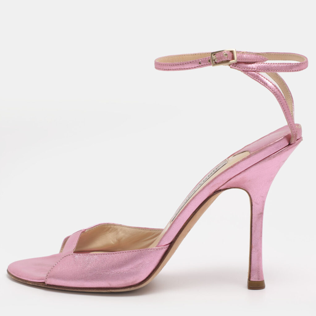 Jimmy Choo Metallic Pink Leather Ankle Strap Sandals Size 38.5