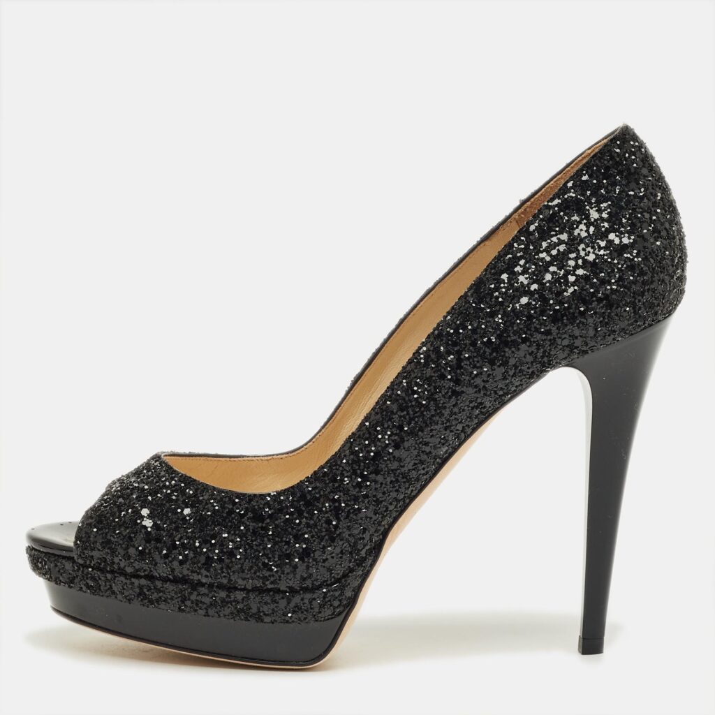 Jimmy Choo Black Glitter Luna Platform Open Toe Pumps Size 40 Jimmy Choo Black Glitter Luna Platform Open Toe Pumps Size 40