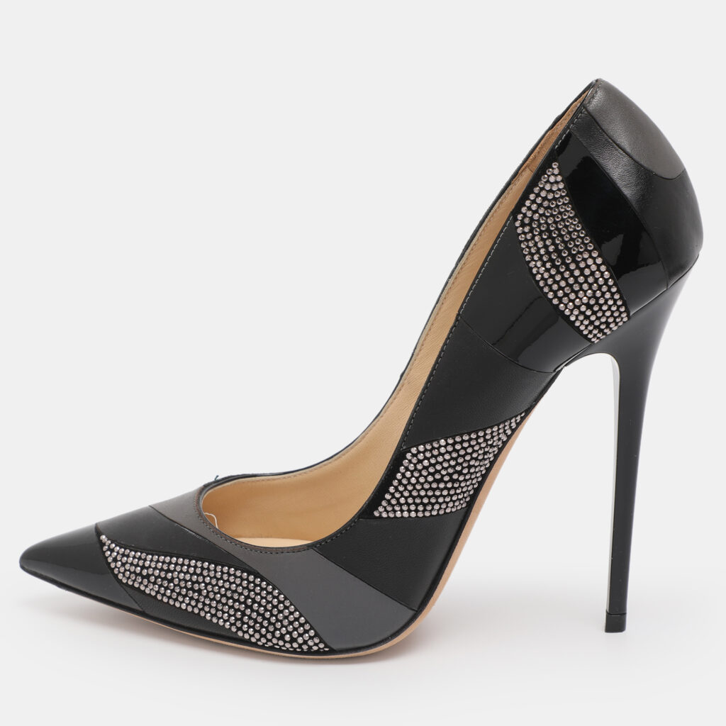 Jimmy Choo Black/Grey Leather and Suede Embellished Pointed Toe Pumps Size 38 Jimmy Choo Black/Grey Leather and Suede Embellished Pointed Toe Pumps Size 38