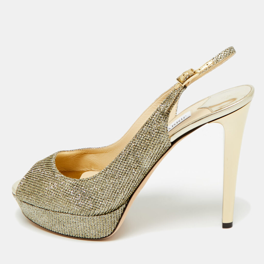 Jimmy Choo Gold Glitter Accents Peep Toe Slingback Pumps Size 40 Jimmy Choo Gold Glitter Accents Peep Toe Slingback Pumps Size 40