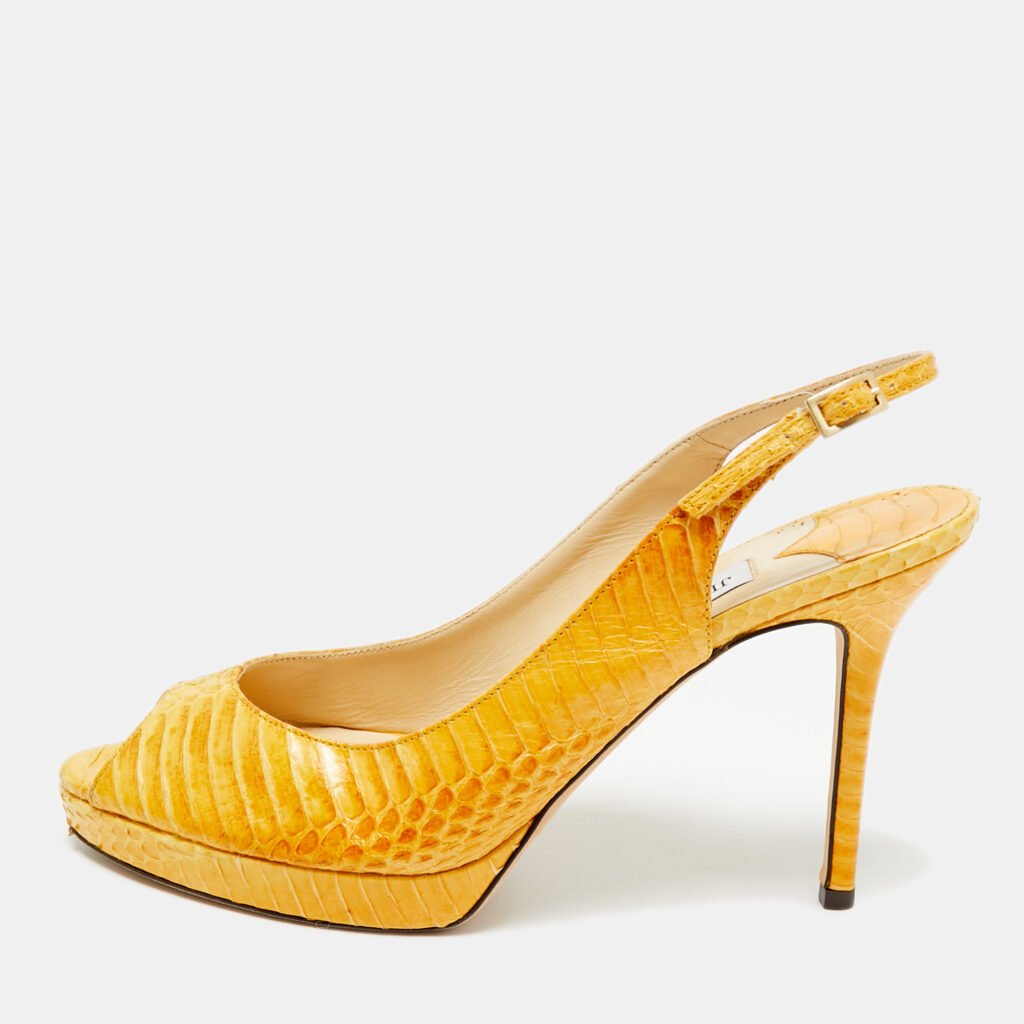 luxury-women-jimmy-choo-used-shoes-p1241849-001.jpg Jimmy Choo Yellow Python Leather Peep Toe Slingback Pumps Size 40