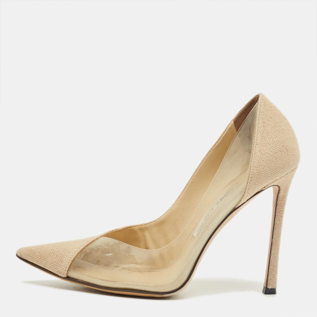 luxury-women-jimmy-choo-used-shoes-p1241897-001-1.jpg Jimmy Choo Beige Linen and PVC Cass Pointed Toe Pumps Size 37