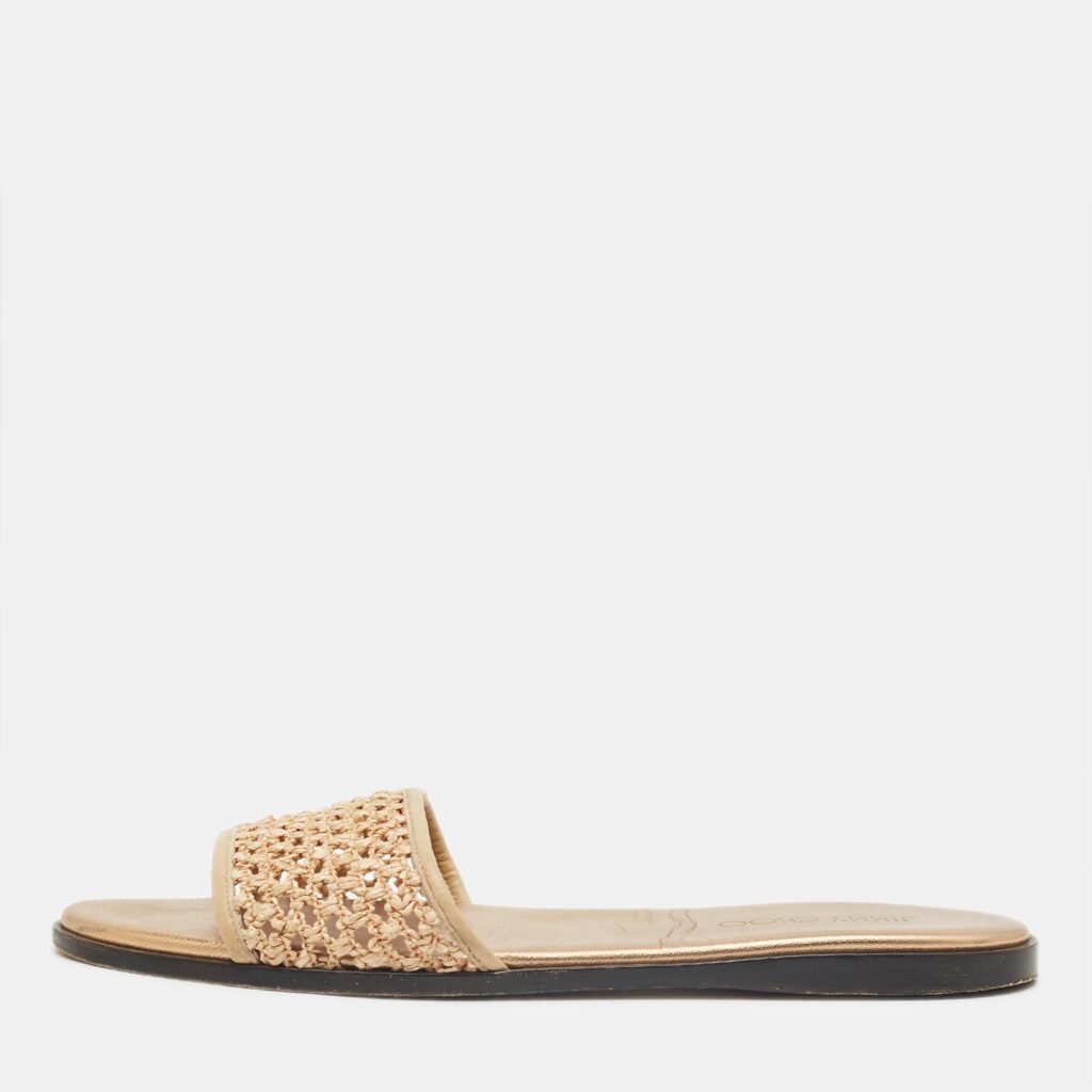 Jimmy Choo Beige Woven Raffia and Leather Minea Flat Slide Sandals Size 41