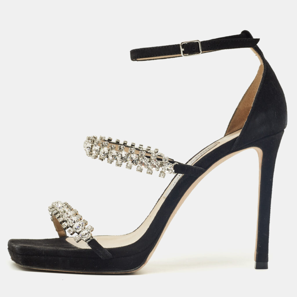 Jimmy Choo Black Suede Bing Crystal Ankle Strap Sandals Size 37.5