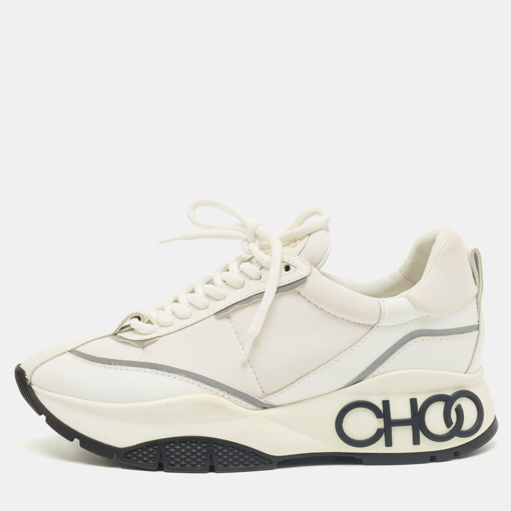 Jimmy Choo White Neoprene and Leather Raine Lace Up Sneakers Size 37.5
