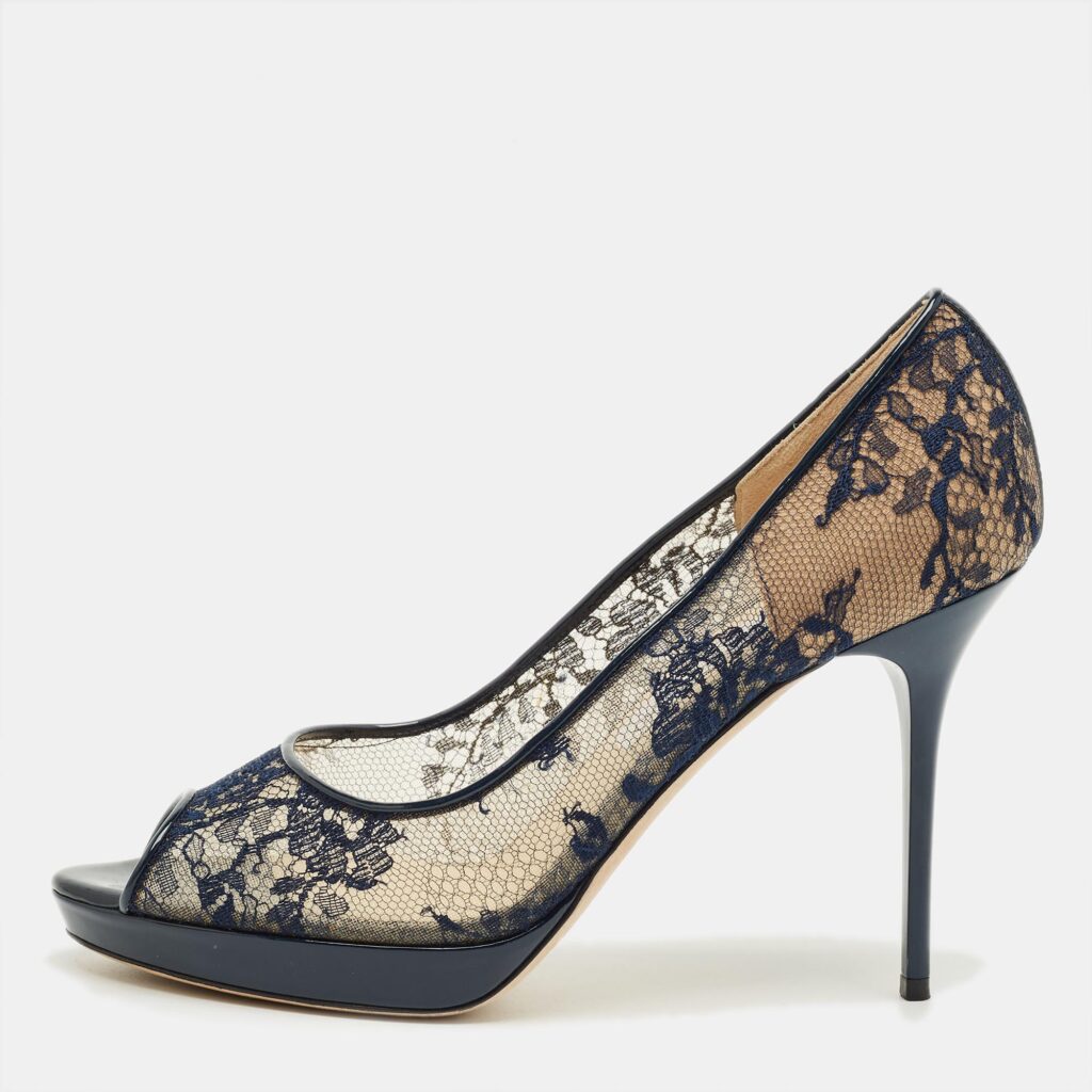 Jimmy Choo Navy Blue Lace and Patent Leather Luna Peep Toe Pumps Size 40 Jimmy Choo Navy Blue Lace and Patent Leather Luna Peep Toe Pumps Size 40