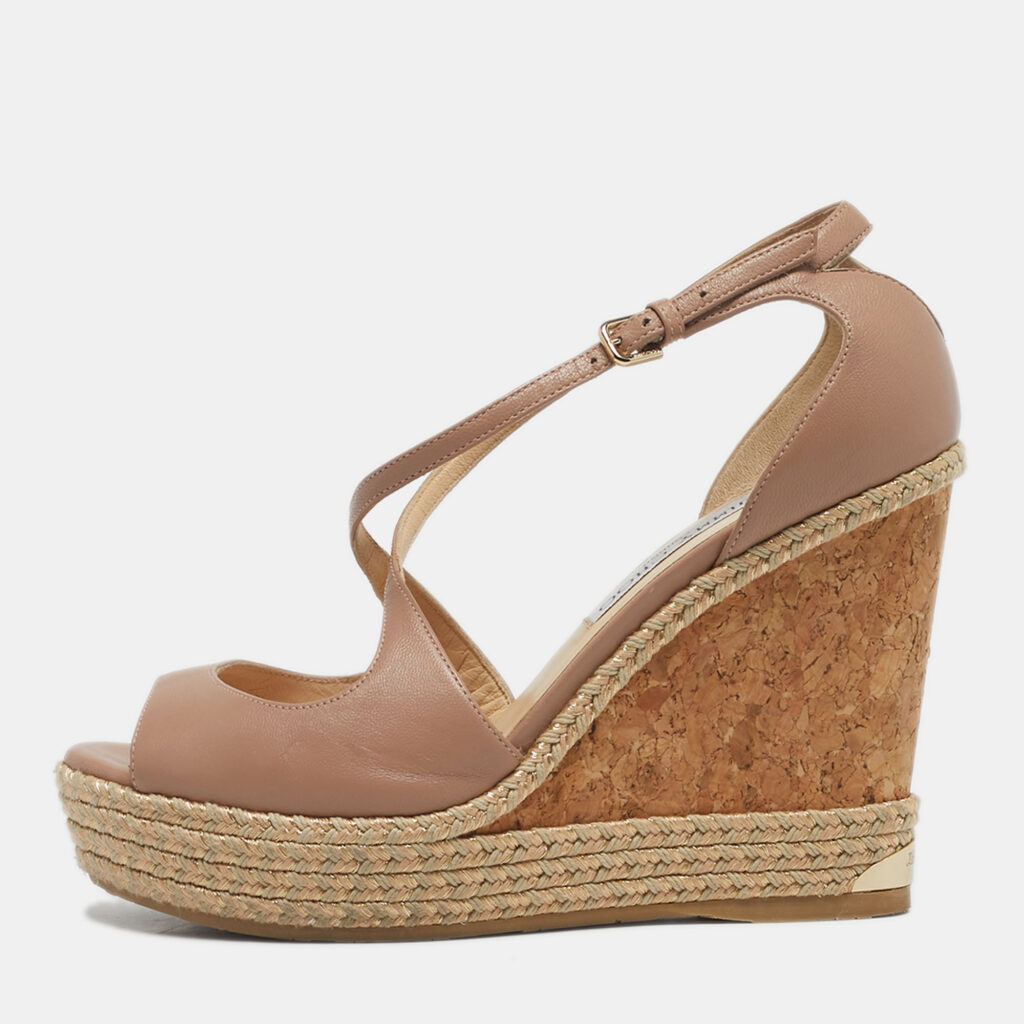 Jimmy Choo Pink Leather Crisscross Strap Cork Wedge Sandals Size 39