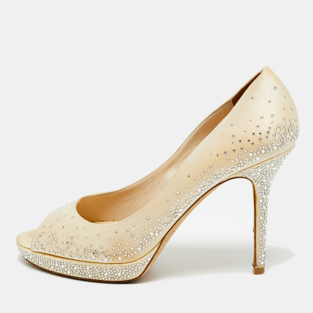 Jimmy Choo Beige Satin Crystal Embellished Peep Toe Pumps Size 40 Jimmy Choo Beige Satin Crystal Embellished Peep Toe Pumps Size 40