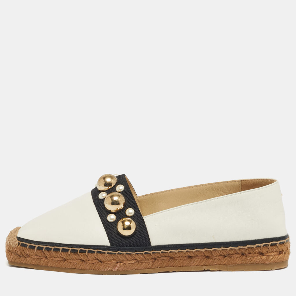 Jimmy Choo White/Black Canvas and Leather Studded Embellished Espadrille Flats Size 37