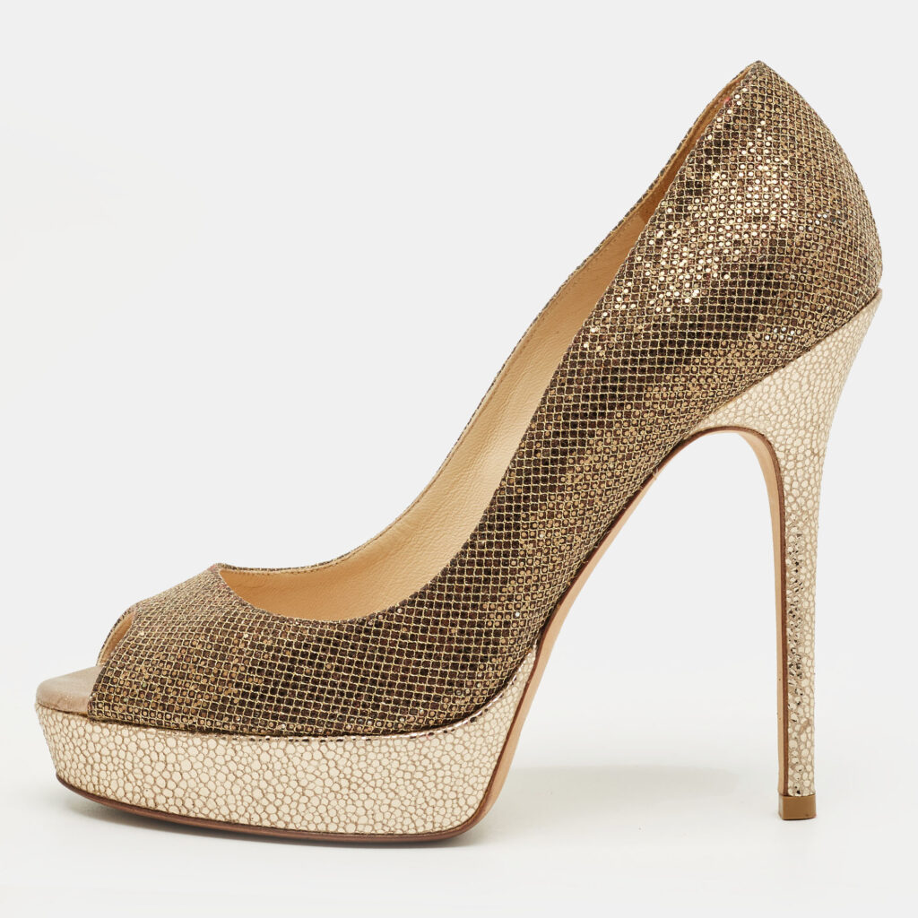 luxury-women-jimmy-choo-used-shoes-p1244602-010-1.jpg Jimmy Choo Gold Leather and Lurex Fabric Dahlia Platform Peep Toe Pumps Size 36.5