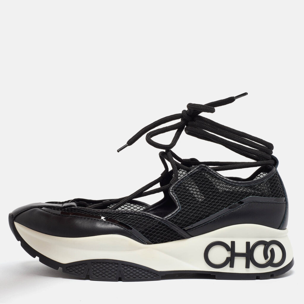 luxury-women-jimmy-choo-used-shoes-p1245681-007.jpg Jimmy Choo Size 40 Black Leather, Mesh and Patent Leather Lace Up Sneakers