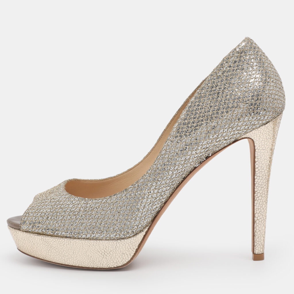Jimmy Choo Dahlia Size 41 Silver/Gold Glitter and Lurex Fabric Platform Pumps