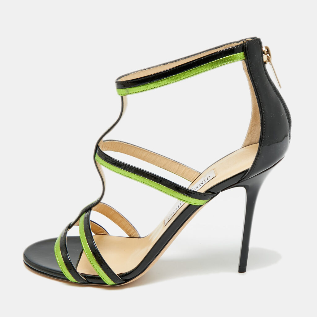 Jimmy Choo Thistle Size 37.5 Black/Green Patent and Leather Sandals