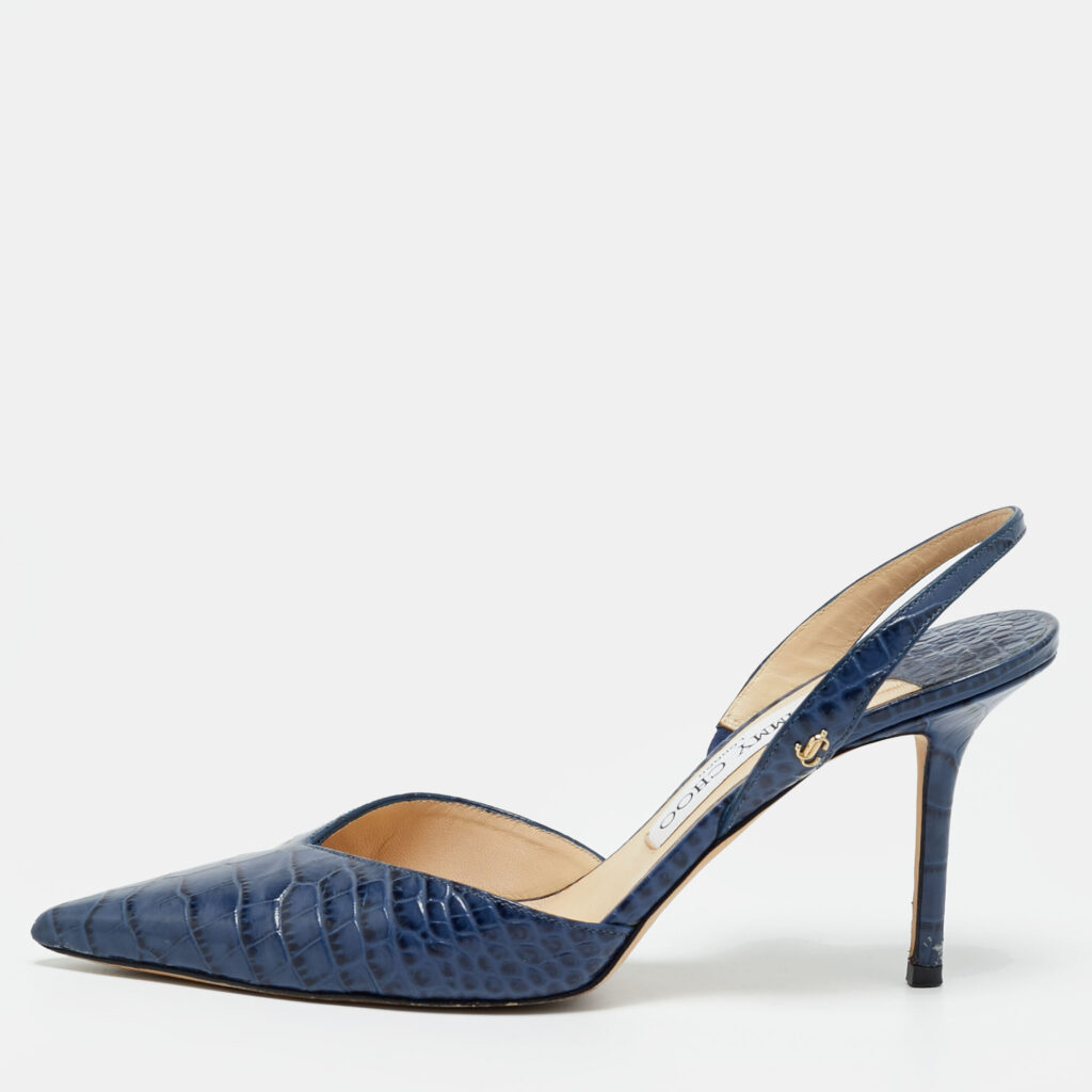 Jimmy Choo Thandi Size 38 Blue Croc Embossed Leather Pumps Jimmy Choo Thandi Size 38 Blue Croc Embossed Leather Pumps