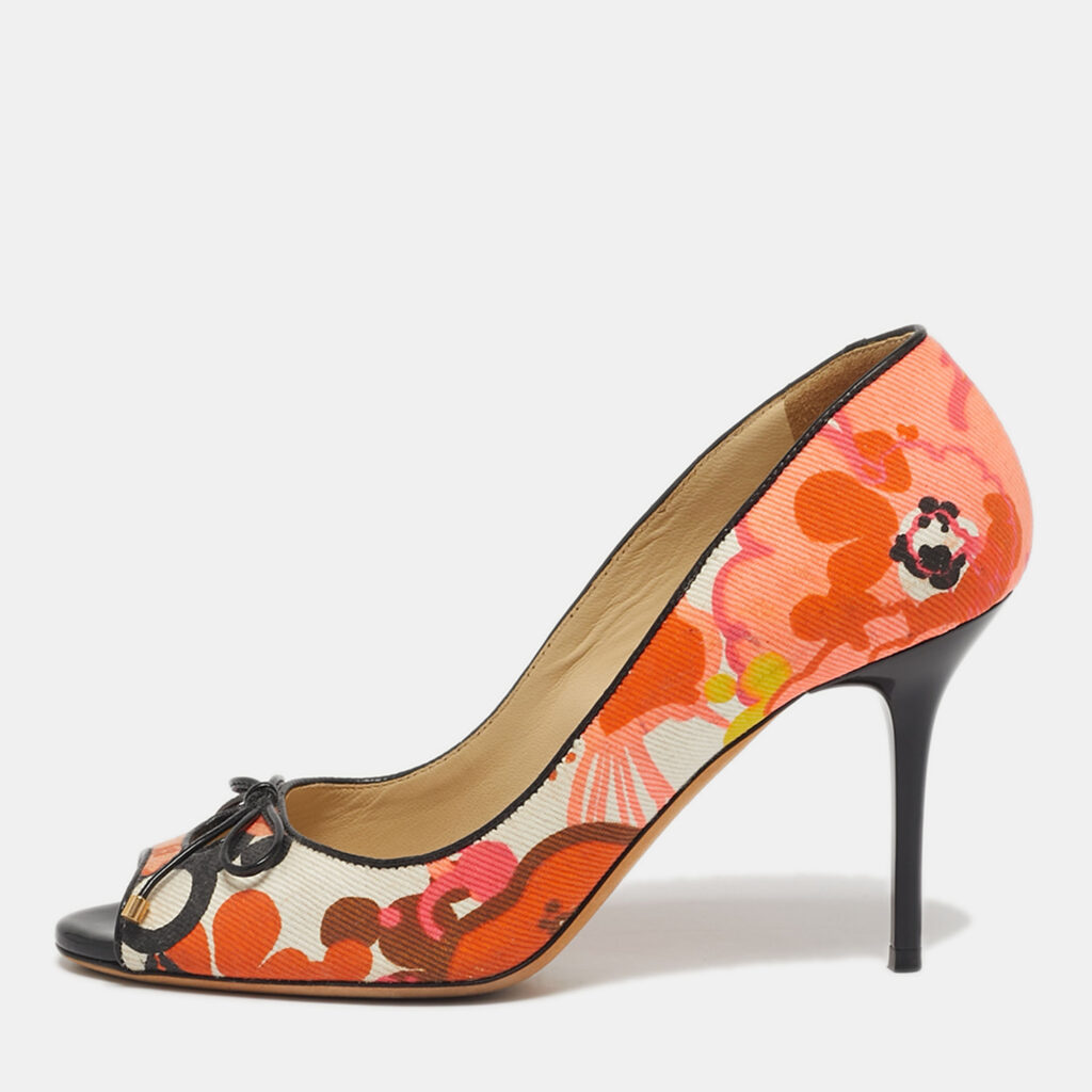 Jimmy Choo Size 36 Multicolor Floral Print Canvas Bow Peep Toe Pumps