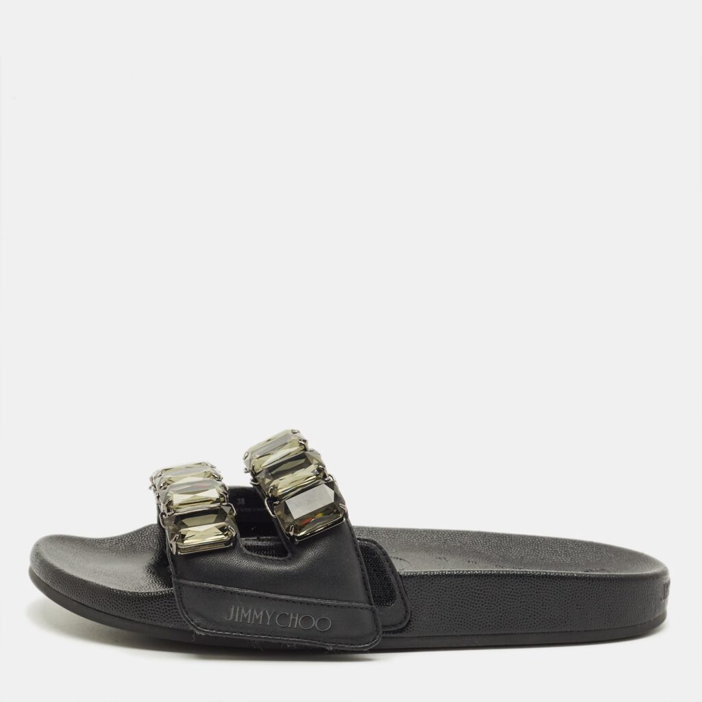 Jimmy Choo Fitz Size 38 Black Leather Flat Slide Jimmy Choo Fitz Size 38 Black Leather Flat Slide