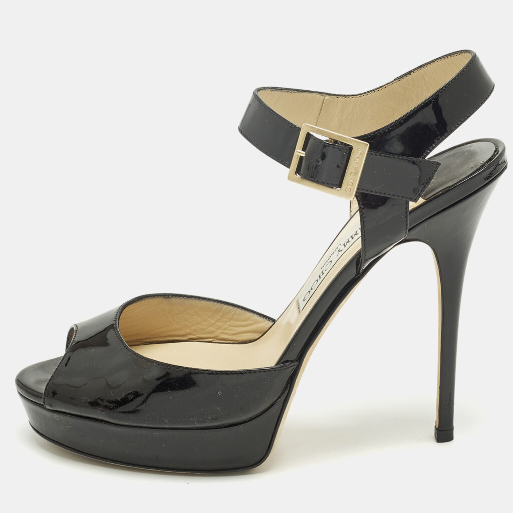 Jimmy Choo Linda Size 41 Black Patent Leather Ankle Strap Sandals