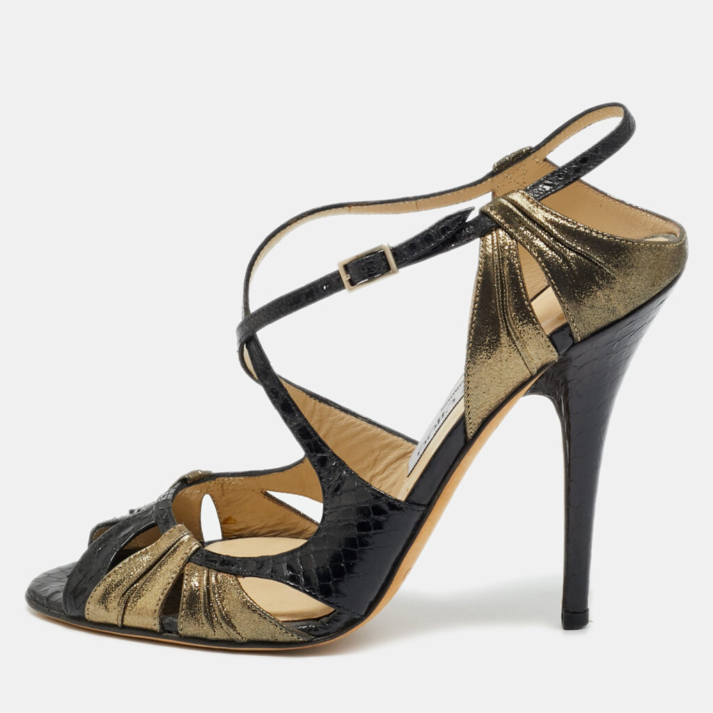 Jimmy Choo Thistle Size 38 Black Gold Leather and Python Leather Ankle Strap Sandals Jimmy Choo Thistle Size 38 Black Gold Leather and Python Leather Ankle Strap Sandals