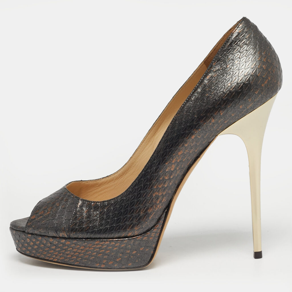 Jimmy Choo Size 40 Metallic Grey Python Embossed Leather Platform Peep Toe Pumps Jimmy Choo Size 40 Metallic Grey Python Embossed Leather Platform Peep Toe Pumps
