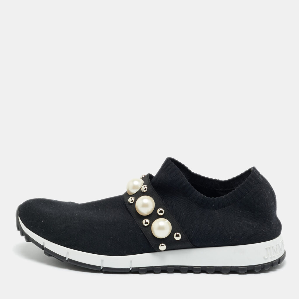 Jimmy Choo Verona Size 41 Black Knit Fabric Faux Pearl Studded Slip On Sneakers Jimmy Choo Verona Size 41 Black Knit Fabric Faux Pearl Studded Slip On Sneakers
