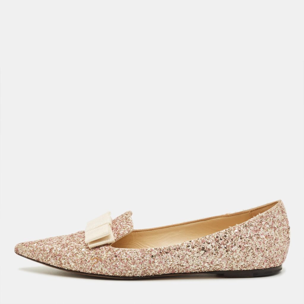 Jimmy Choo Gala Size 38.5 Metallic Glitter Bow Pointed Toe Ballet Flats