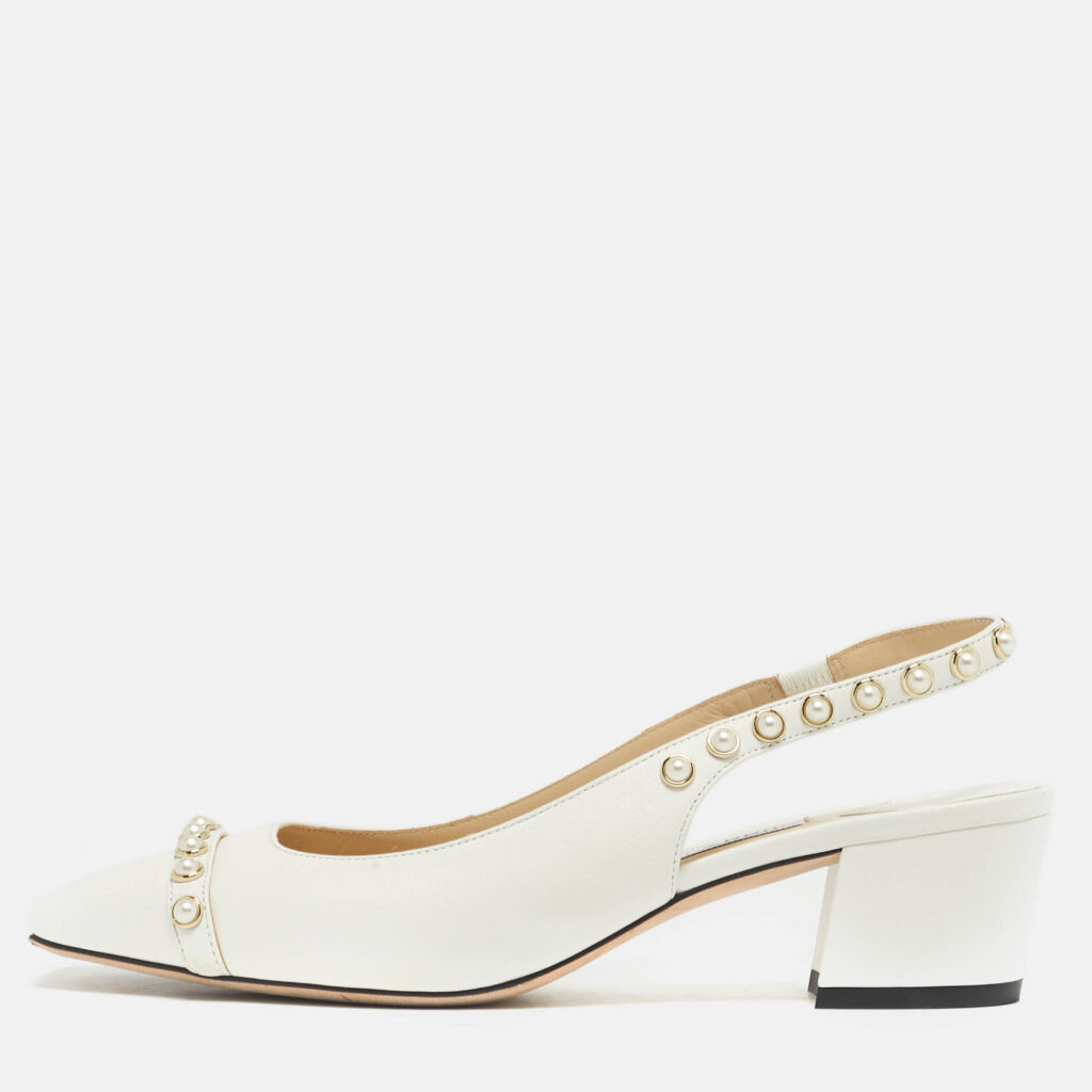 Jimmy Choo Hya Pearl Embellished Size 37 White Leather Slingback Pumps Jimmy Choo Hya Pearl Embellished Size 37 White Leather Slingback Pumps