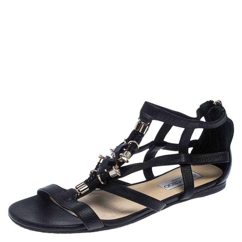Jimmy Choo Black Crystal Embellished Leather Caged Flat Sandals Size 38 Jimmy Choo Black Crystal Embellished Leather Caged Flat Sandals Size 38