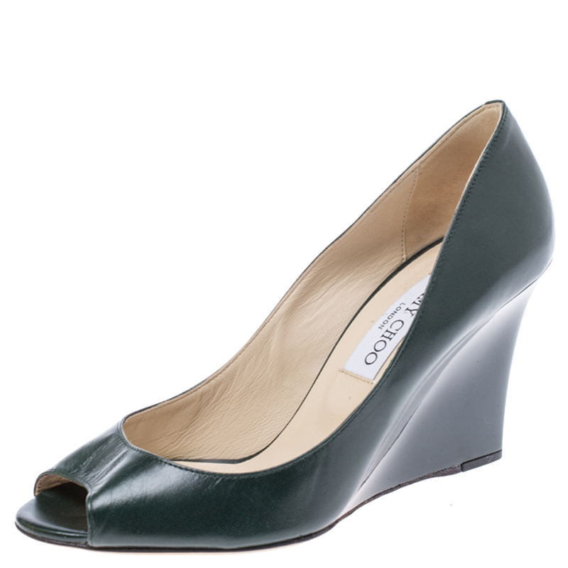Jimmy Choo Dark Green Leather Baxen Peep Toe Wedge Pumps 38.5 Jimmy Choo Dark Green Leather Baxen Peep Toe Wedge Pumps 38.5