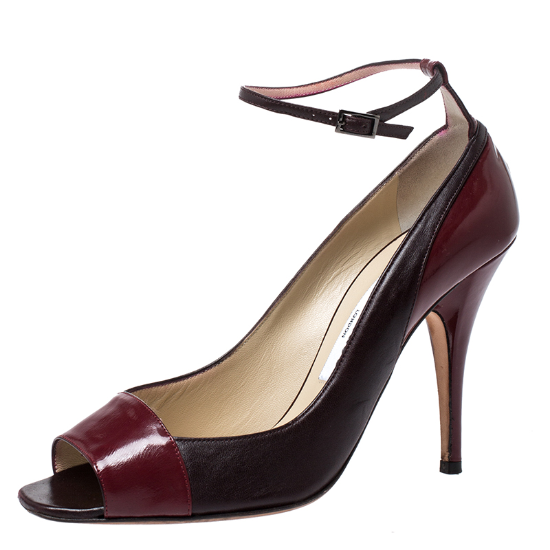 Jimmy Choo Burgundy Leather And Patent Leather Peep Toe Ankle Strap Pumps Size 39 Jimmy Choo Burgundy Leather And Patent Leather Peep Toe Ankle Strap Pumps Size 39