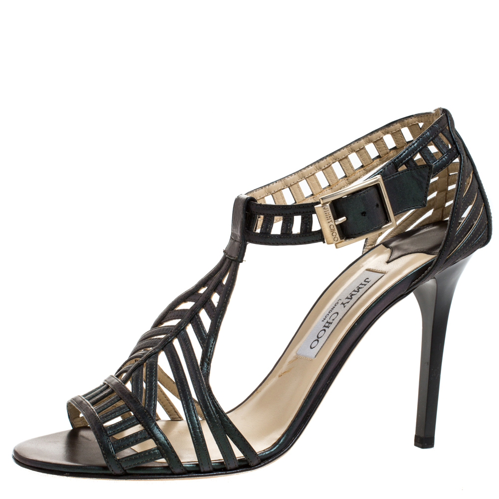 Jimmy Choo Metallic Dark Green Leather Cutout Open Toe Sandals Size 41 Jimmy Choo Metallic Dark Green Leather Cutout Open Toe Sandals Size 41