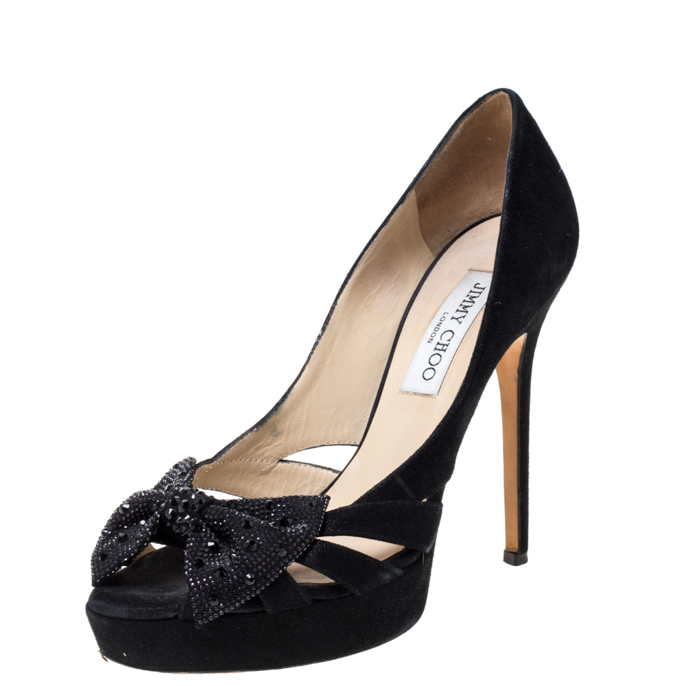 Jimmy Choo Black Suede Taja Crystal Embellished Bow Peep Toe Pumps Size 38 Jimmy Choo Black Suede Taja Crystal Embellished Bow Peep Toe Pumps Size 38