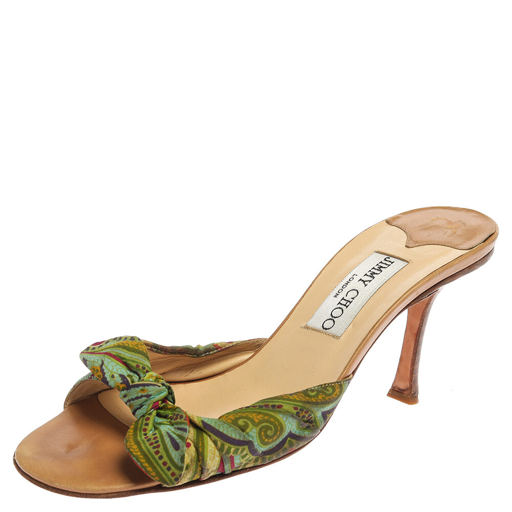 Jimmy Choo Multicolor Printed Satin Knot Slide Sandals Size 38 Jimmy Choo Multicolor Printed Satin Knot Slide Sandals Size 38