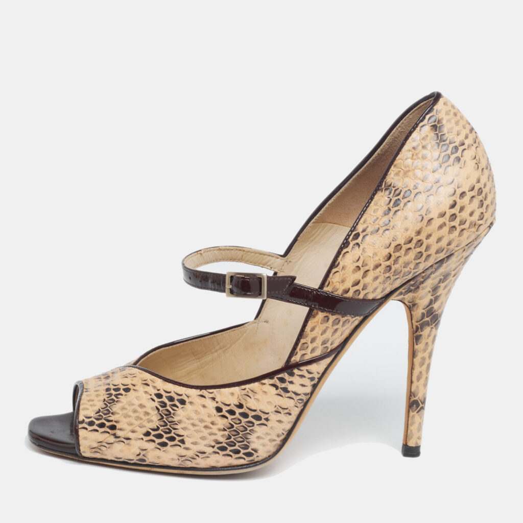 Jimmy Choo Beige/Black Python Leather Mary Jane Peep Toe Pumps Size 38.5 Jimmy Choo Beige/Black Python Leather Mary Jane Peep Toe Pumps Size 38.5