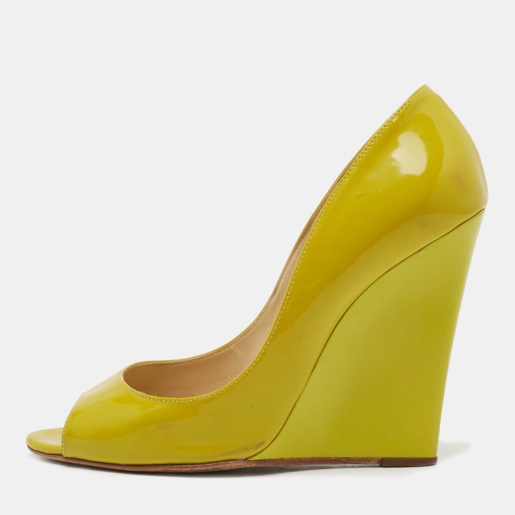Jimmy Choo Yellow Patent Leather Bello Peep Toe Wedge Pumps Size 38 Jimmy Choo Yellow Patent Leather Bello Peep Toe Wedge Pumps Size 38