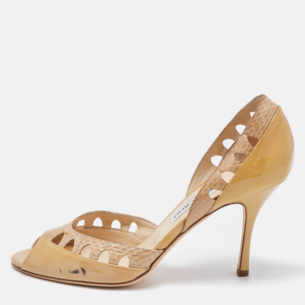 Jimmy Choo Two Tone Patent and Snakeskin Peep Toe D'orsay Pumps Size 40.5