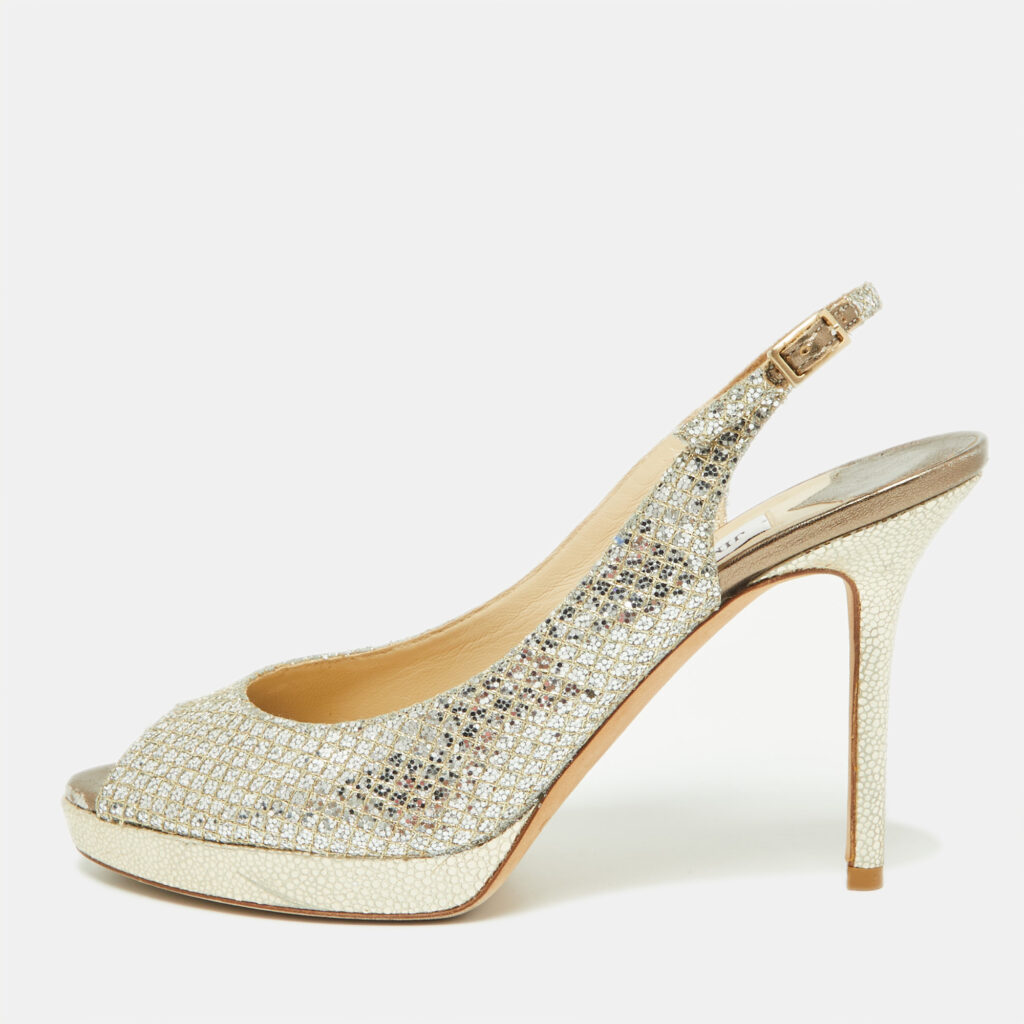 Jimmy Choo Gold Glitter And Lurex Fabric Nova Peep Toe Slingback Sandals Size 37.5 Jimmy Choo Gold Glitter And Lurex Fabric Nova Peep Toe Slingback Sandals Size 37.5