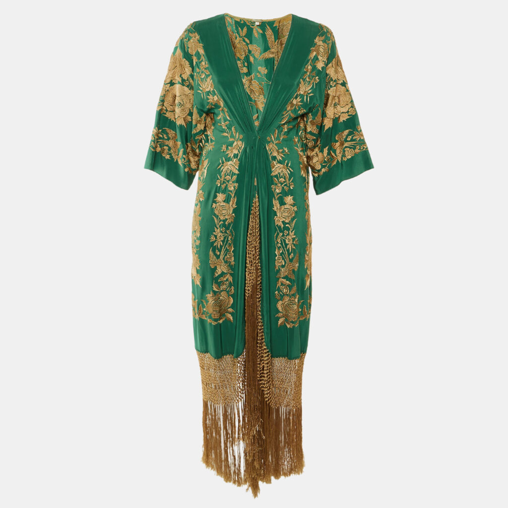Johanna Ortiz Green Embroidered Silk Contigo en La Distancia Fringed Dress S Johanna Ortiz Green Embroidered Silk Contigo en La Distancia Fringed Dress S