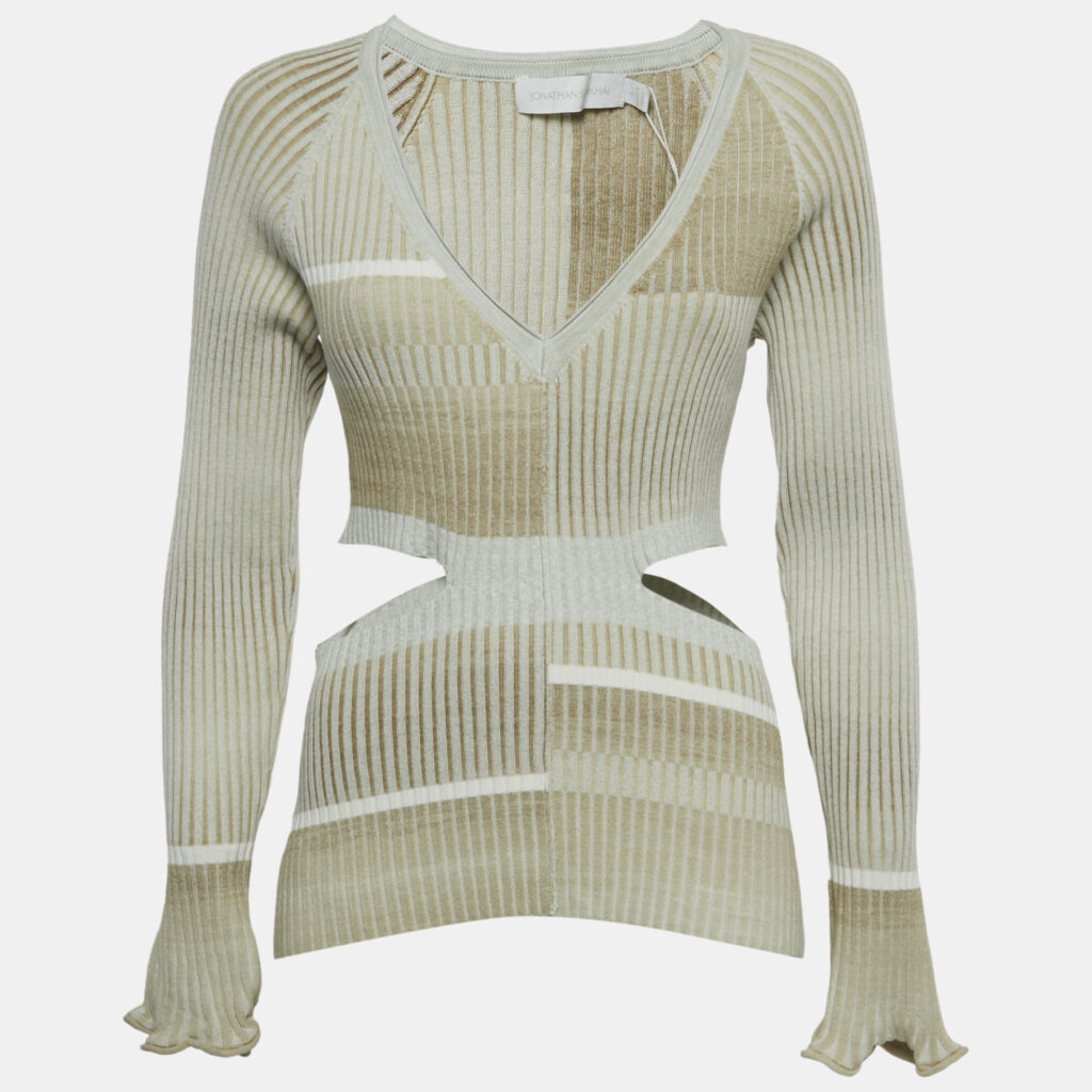 Jonathan Simkhai Beige Peyton Striped Rib Knit Cut-Out Top L Jonathan Simkhai Beige Peyton Striped Rib Knit Cut-Out Top L