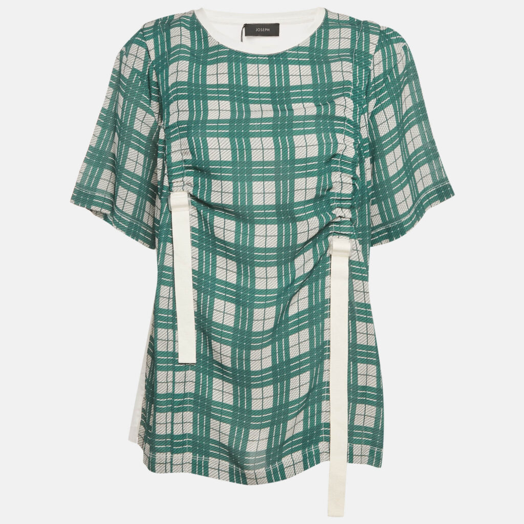 Joseph Green/White Checkered Cotton & Silk Buckle Detail Top XL
