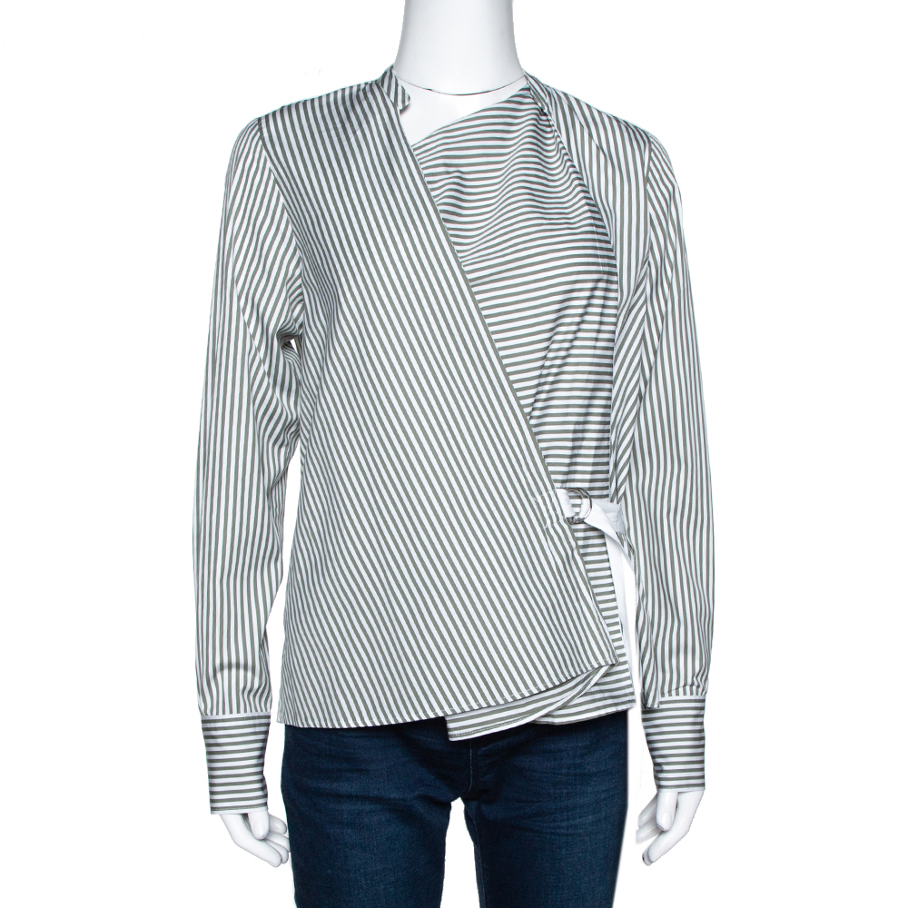 Joseph Sage Green Candy Striped Cotton Arran Wrap Top S Joseph Sage Green Candy Striped Cotton Arran Wrap Top S