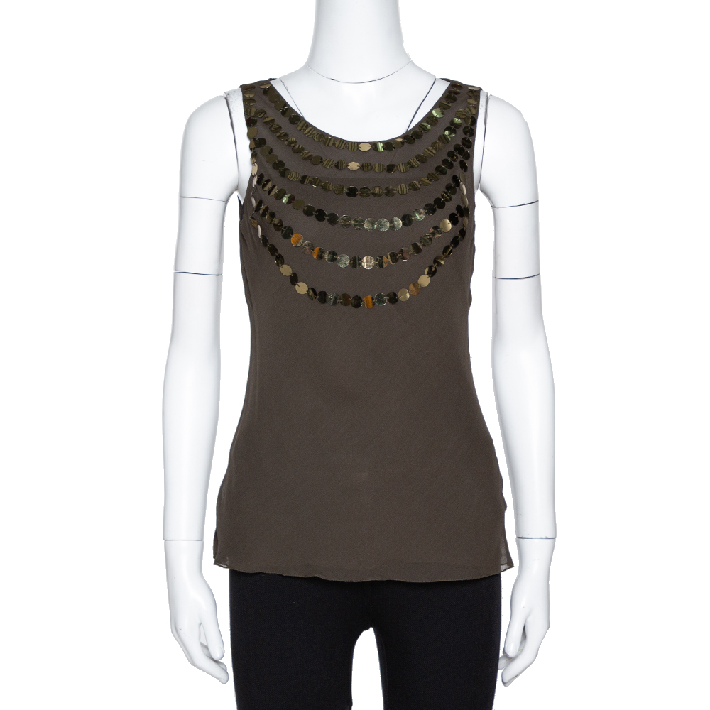 Joseph Olive Green Silk Sequin Embellished Sleeveless Top S Joseph Olive Green Silk Sequin Embellished Sleeveless Top S