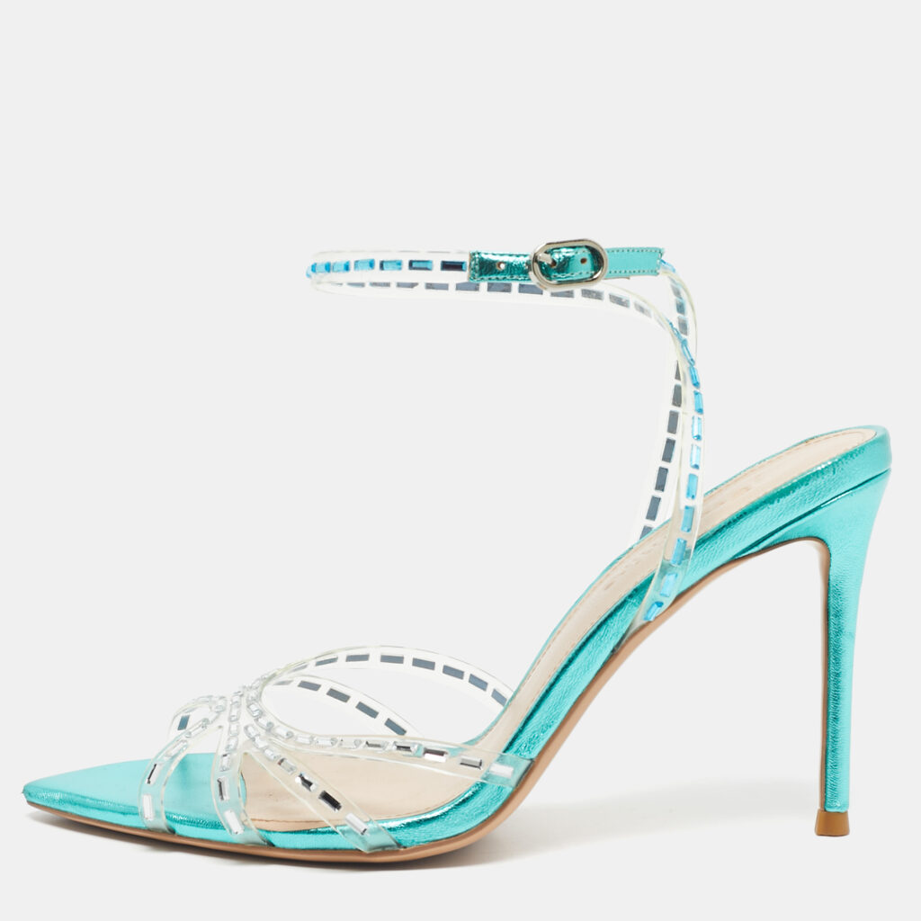 Jéssamiro Transparent/Metallic Blue Leather and PVC Crystal Embellished Ankle Wrap Sandals Size 39