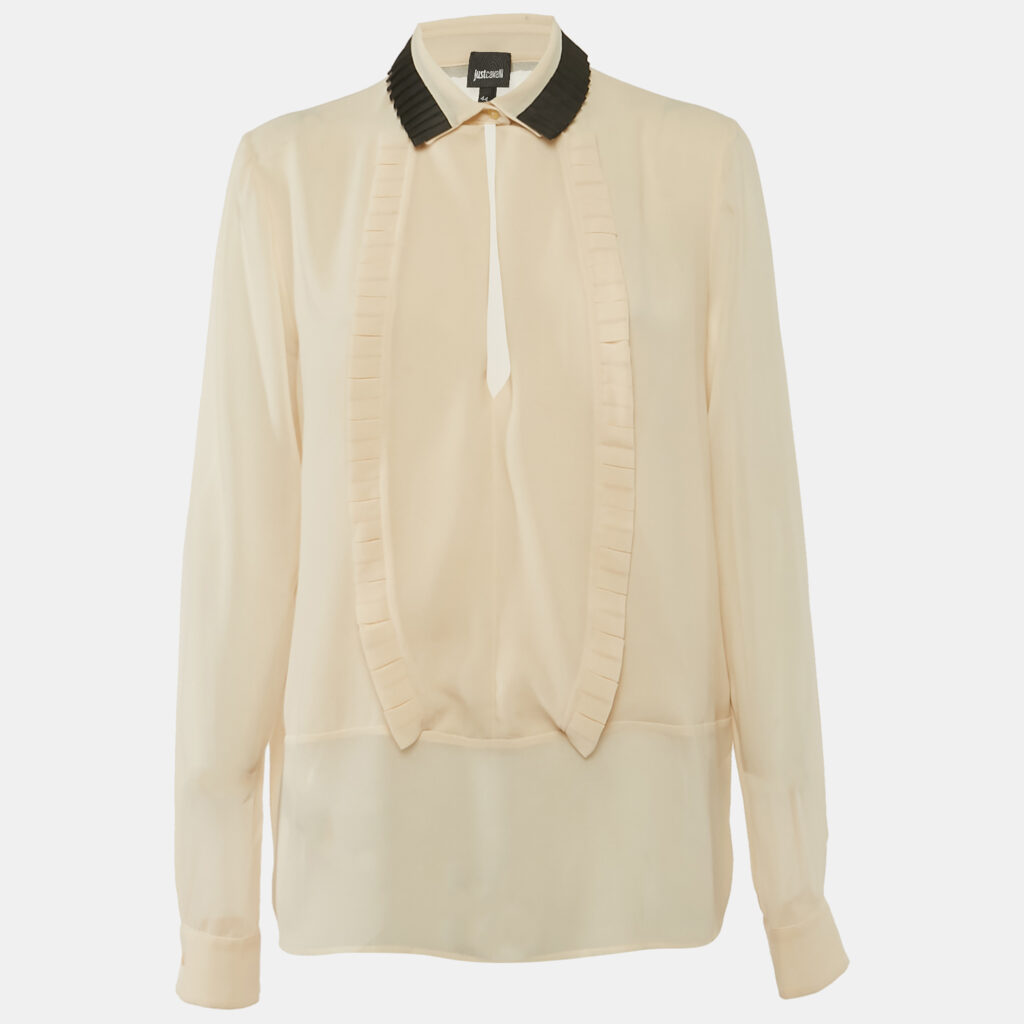Just Cavalli Cream Crepe Pleated Ruffle Sheer Blouse M Just Cavalli Cream Crepe Pleated Ruffle Sheer Blouse M