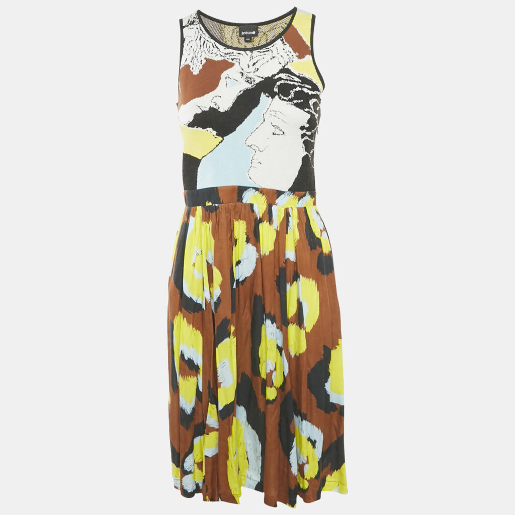 Just Cavalli Yellow/Brown Printed Knit and Crepe Short Mini Dress M Just Cavalli Yellow/Brown Printed Knit and Crepe Short Mini Dress M