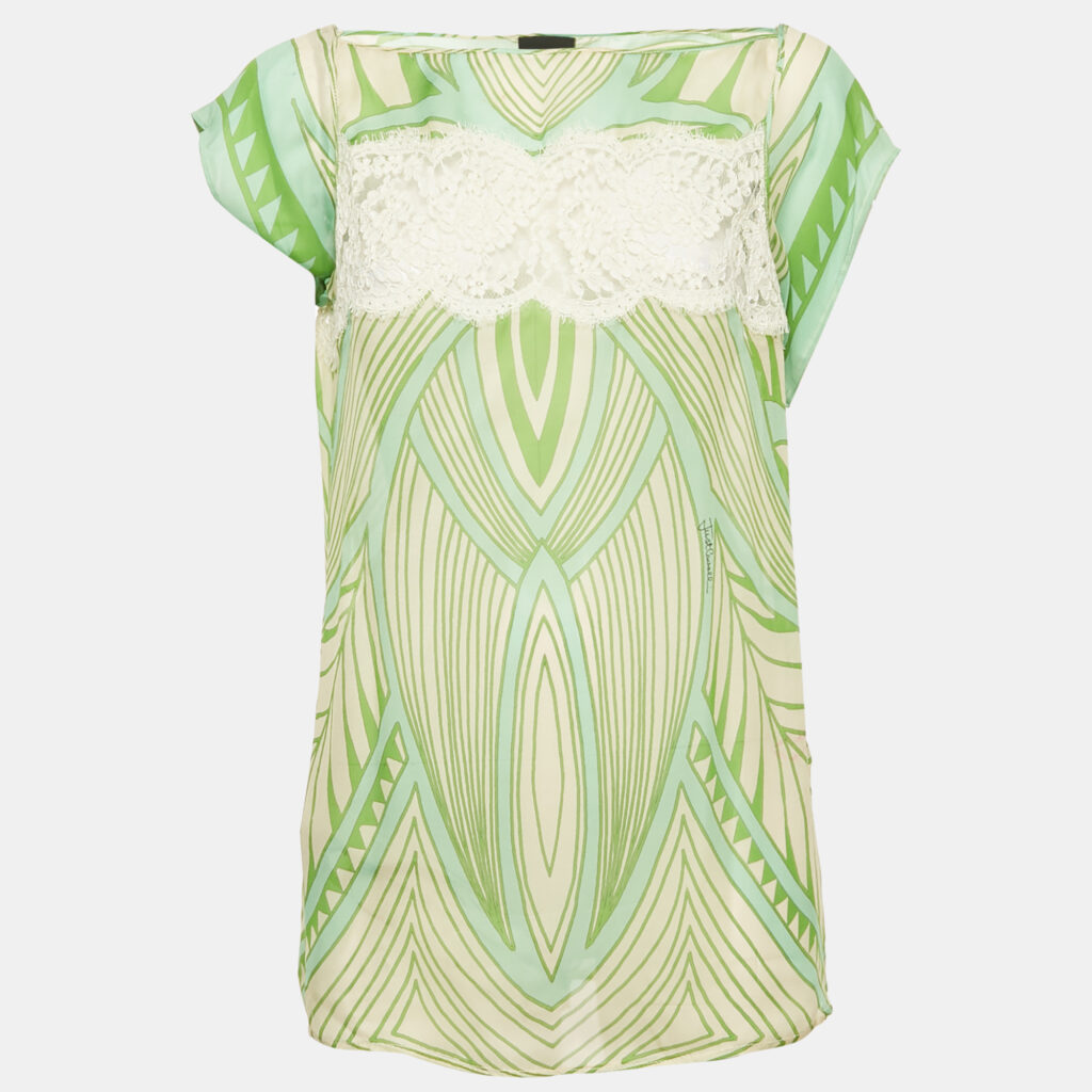 Just Cavalli Green Printed Lace Trim Silk Top L Just Cavalli Green Printed Lace Trim Silk Top L