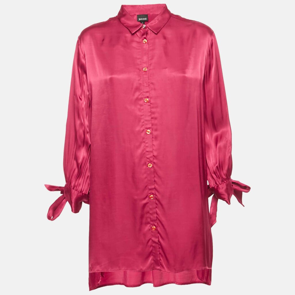 Just Cavalli Satin Pink Tie- Up Sleeve Shirt Blouse L