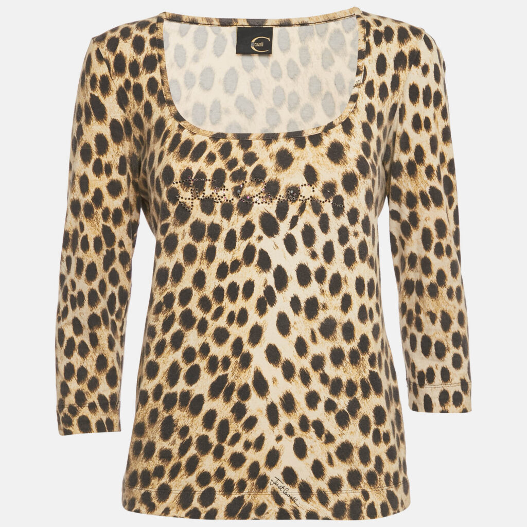Just Cavalli Brown Animal Print Jersey Embellished Slim Fit Top L Just Cavalli Brown Animal Print Jersey Embellished Slim Fit Top L